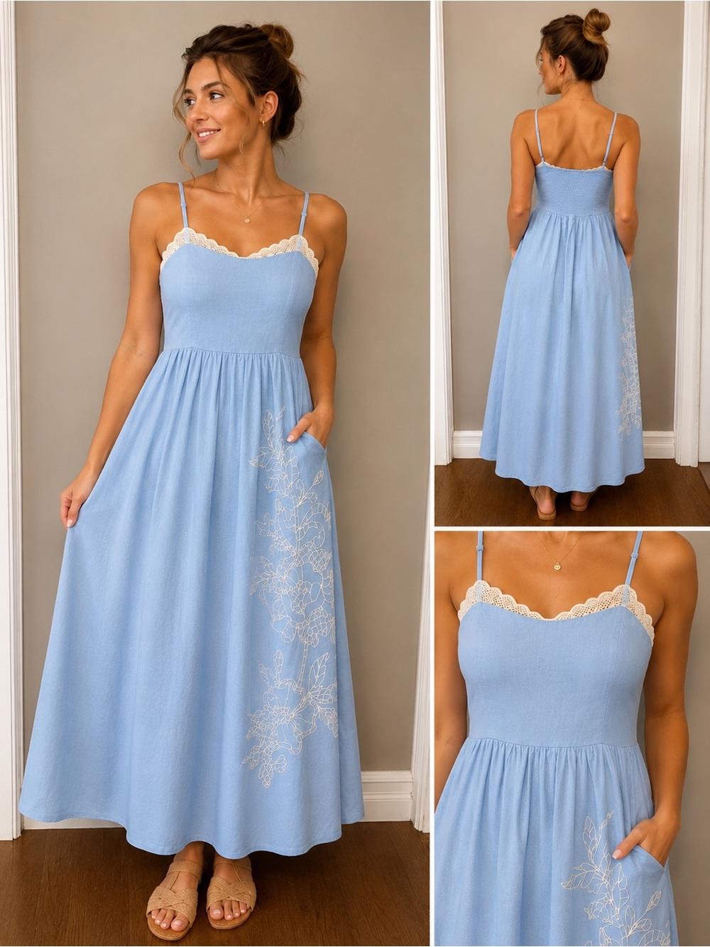 Universal Thread Blue Linen Blend Embroidered Maxi Dress NWT Size M